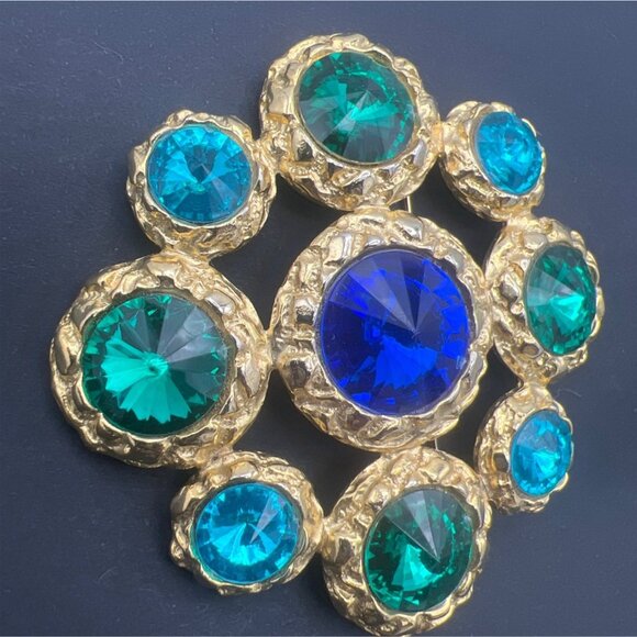 Vintage Dauplaise Brooch Royal Blue Aqua & Green Ravoli Rhinestones Cluster 3" - Picture 3 of 8